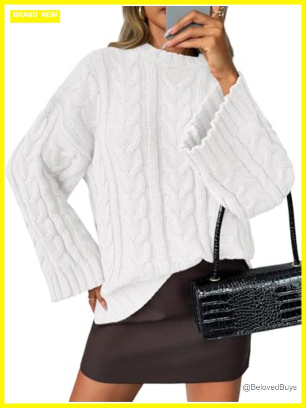 Saodimallsu Women's Cable Knit Oversized Sweater Bell Sleeve Pullover